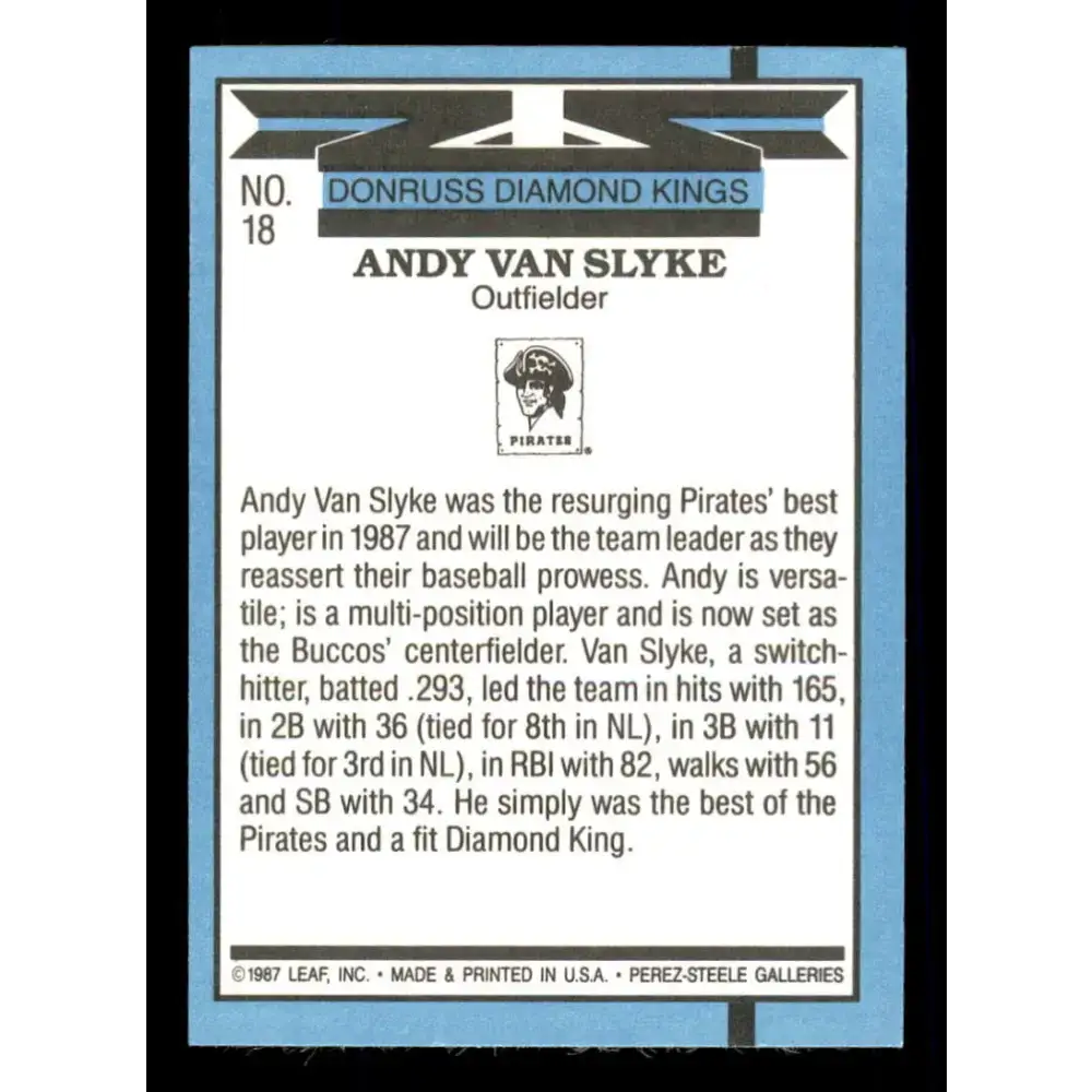 1988 Donruss #18 Andy Van Slyke DK EX Pittsburgh Pirates Baseball Card - Baseball Card Single
