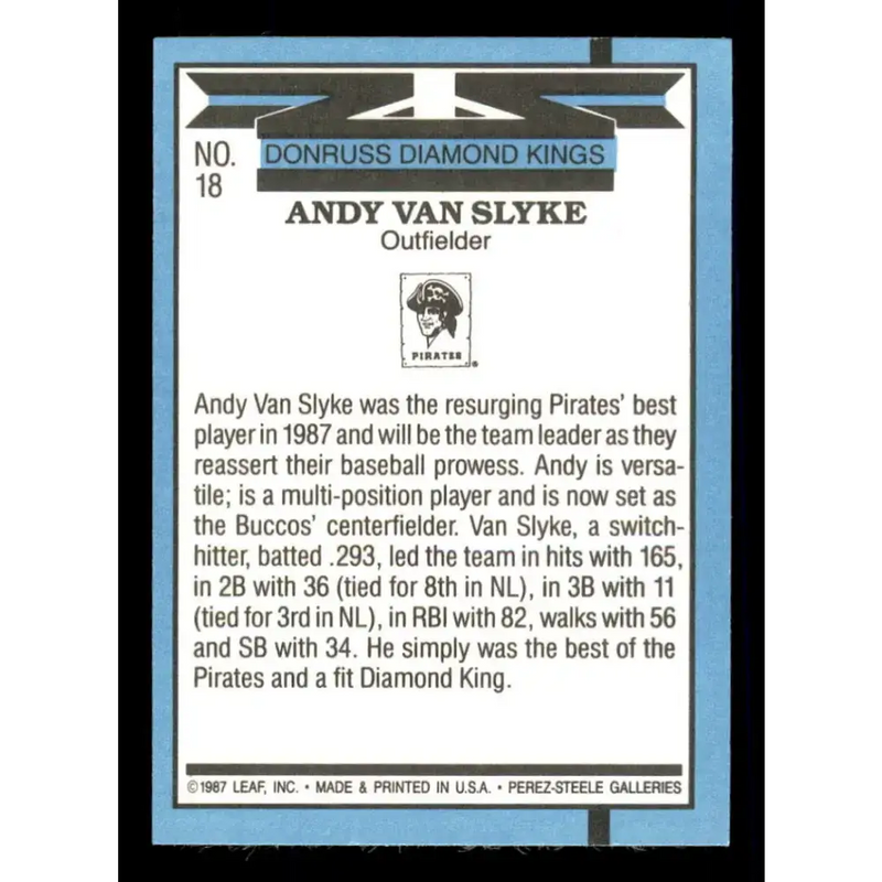1988 Donruss #18 Andy Van Slyke DK EX Pittsburgh Pirates Baseball Card - Baseball Card Single