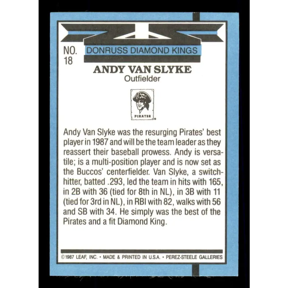1988 Donruss #18 Andy Van Slyke DK EX Pittsburgh Pirates Baseball Card Image 2