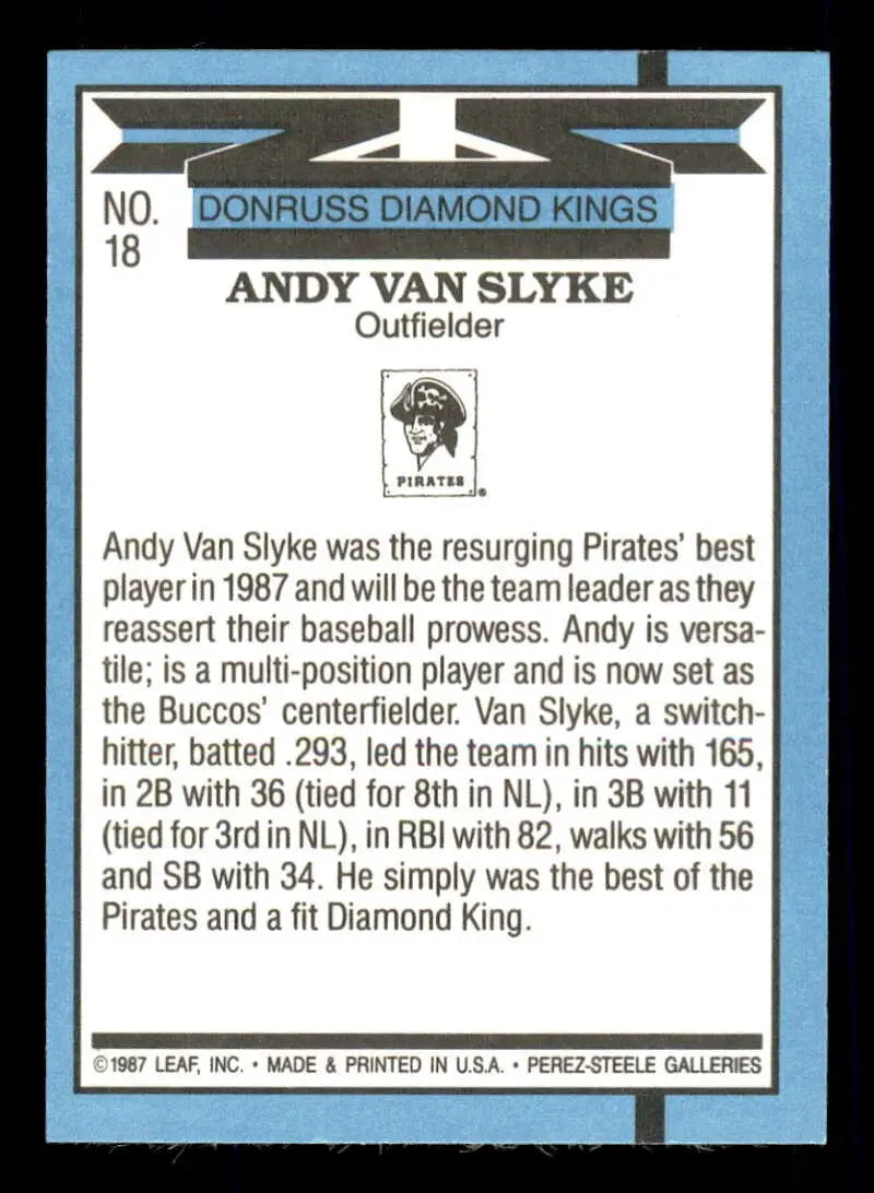 1988 Donruss #18 Andy Van Slyke NM-MT Pittsburgh Pirates Baseball Card - Baseball Card Single