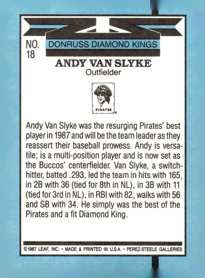 Back of a vintage 1988 Donruss Andy Van Slyke baseball card featuring player details