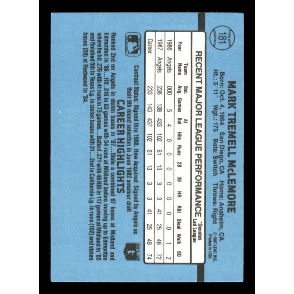 1988 Donruss #181 Mark McLemore EX California Angels Baseball Card Image 2
