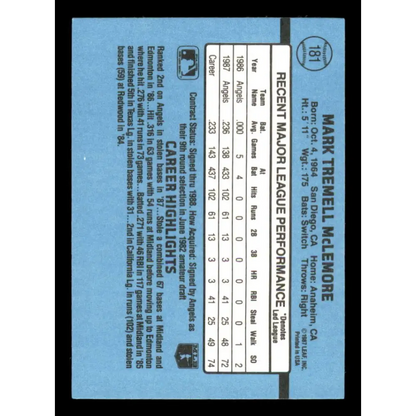 1988 Donruss #181 Mark McLemore EX California Angels Baseball Card Image 2