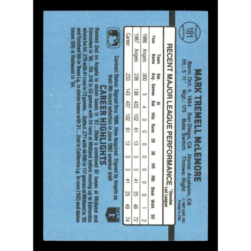 1988 Donruss #181 Mark McLemore EX California Angels Baseball Card - Baseball Card Single