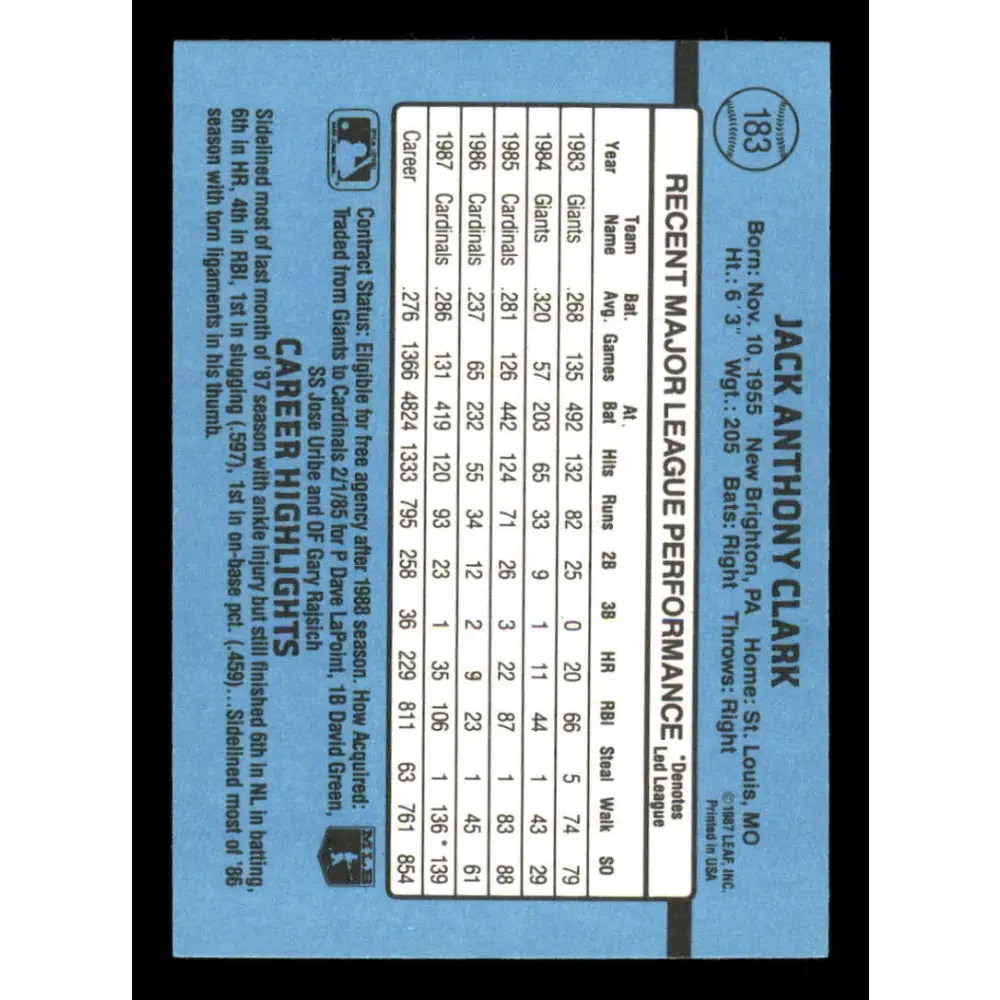 1988 Donruss #183 Jack Clark EX St. Louis Cardinals Baseball Card Image 2