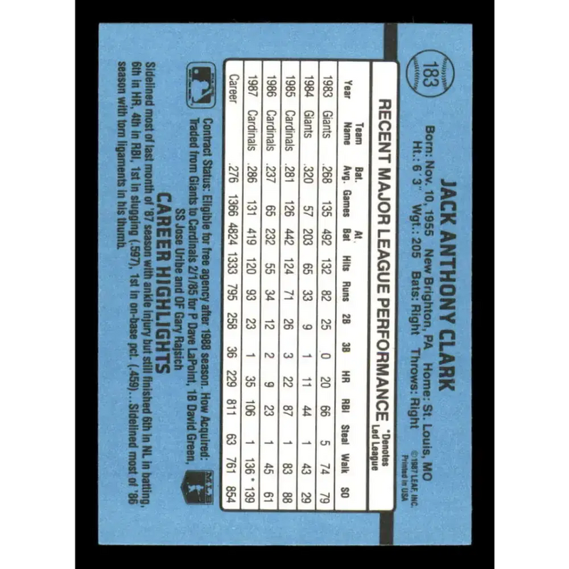 1988 Donruss #183 Jack Clark EX St. Louis Cardinals Baseball Card - Baseball Card Single