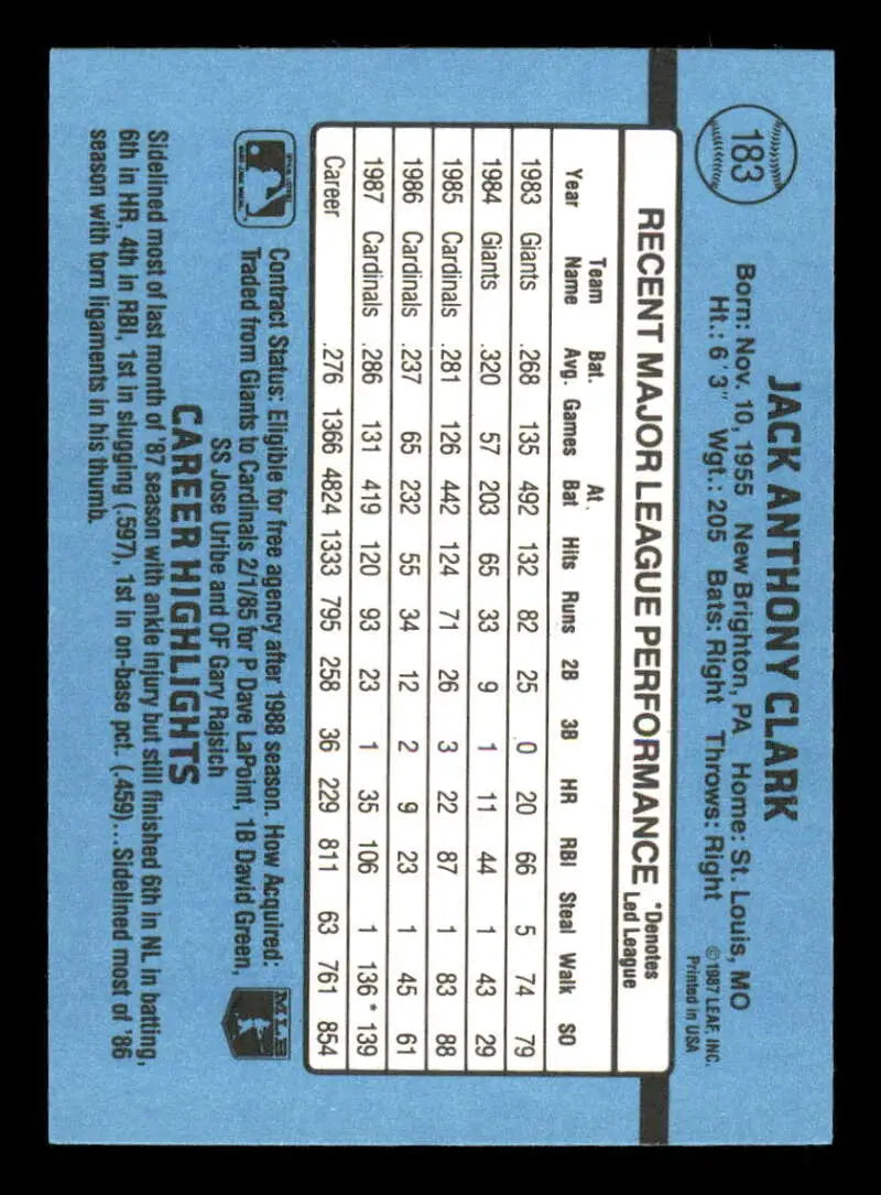 1988 Donruss #183 Jack Clark NM-MT St. Louis Cardinals Baseball Card - Baseball Card Single