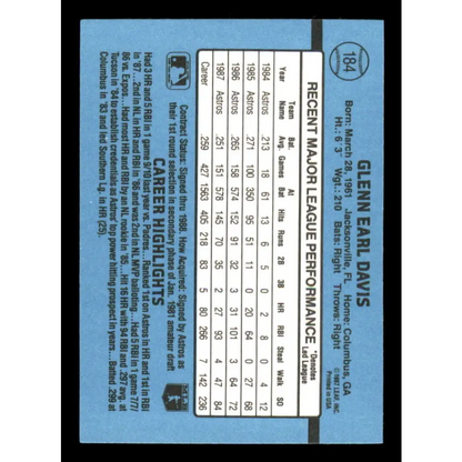 1988 Donruss #184 Glenn Davis EX Houston Astros Baseball Card Image 2