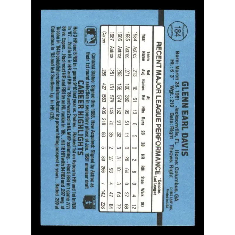 1988 Donruss #184 Glenn Davis EX Houston Astros Baseball Card - Baseball Card Single