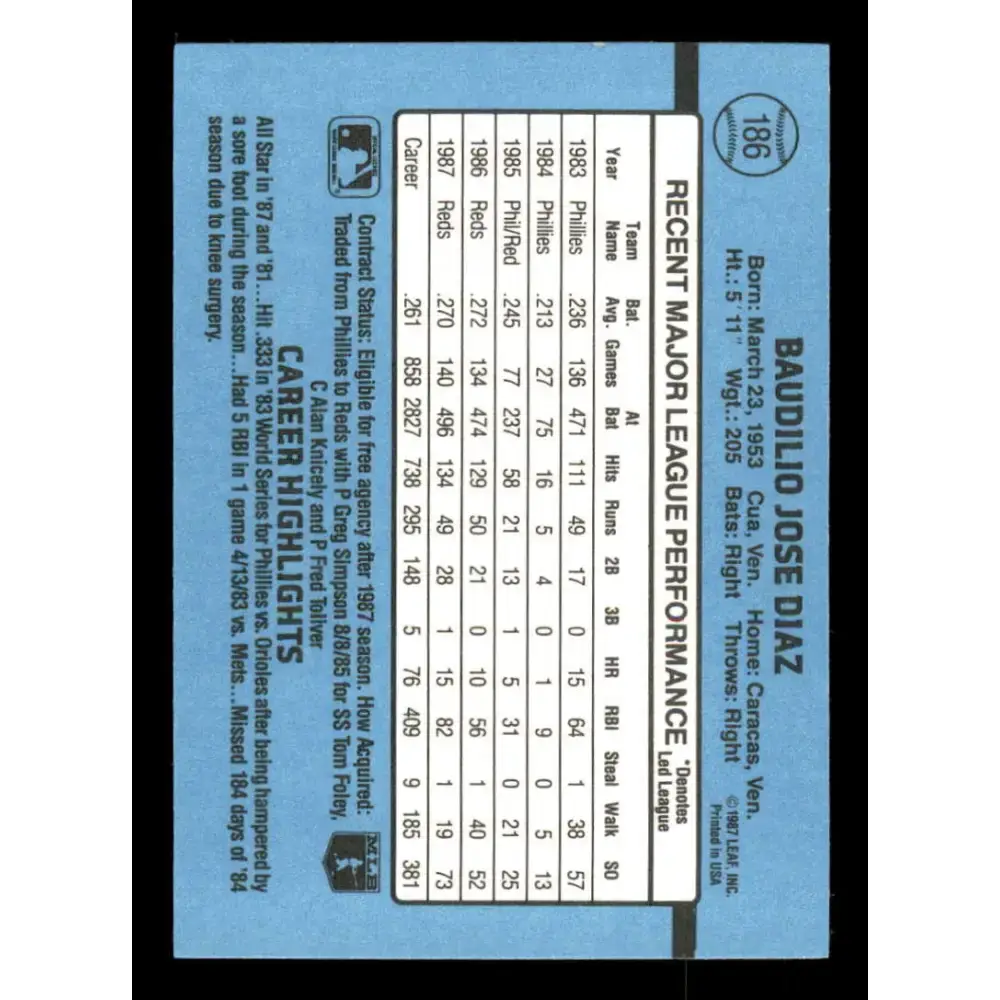 1988 Donruss #186 Bo Diaz EX Cincinnati Reds Baseball Card - Baseball Card Single