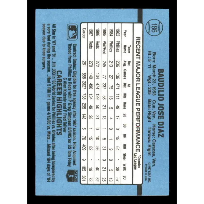 1988 Donruss #186 Bo Diaz EX Cincinnati Reds Baseball Card - Baseball Card Single