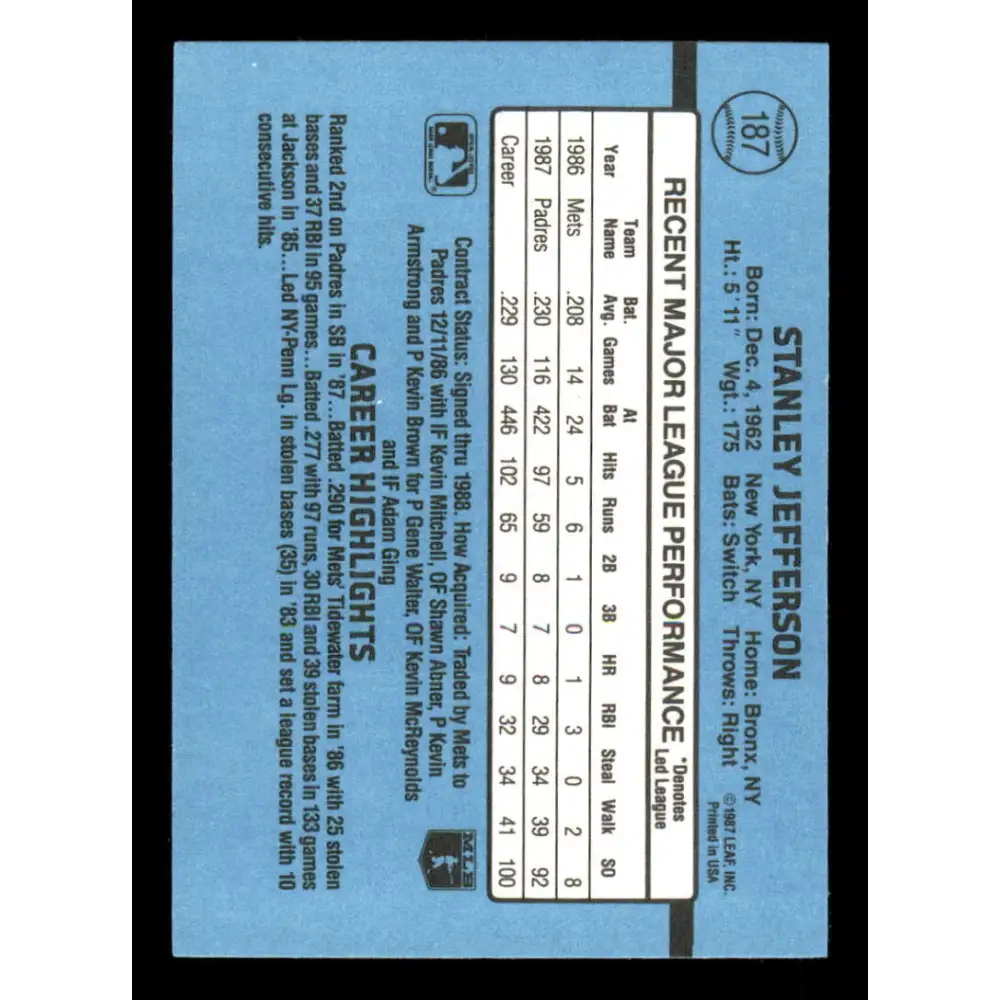 1988 Donruss #187 Stan Jefferson EX San Diego Padres Baseball Card Image 2