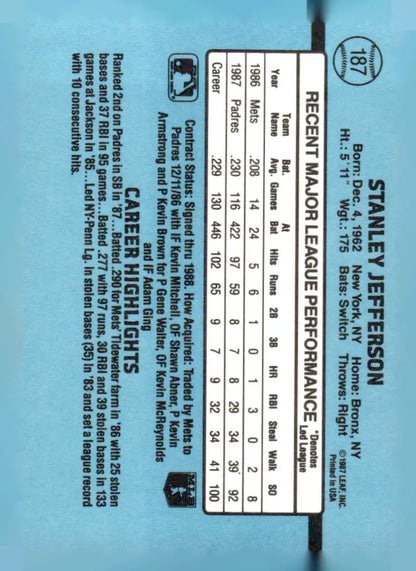 Vintage 1988 Donruss Stan Jefferson baseball card with career stats and highlights
