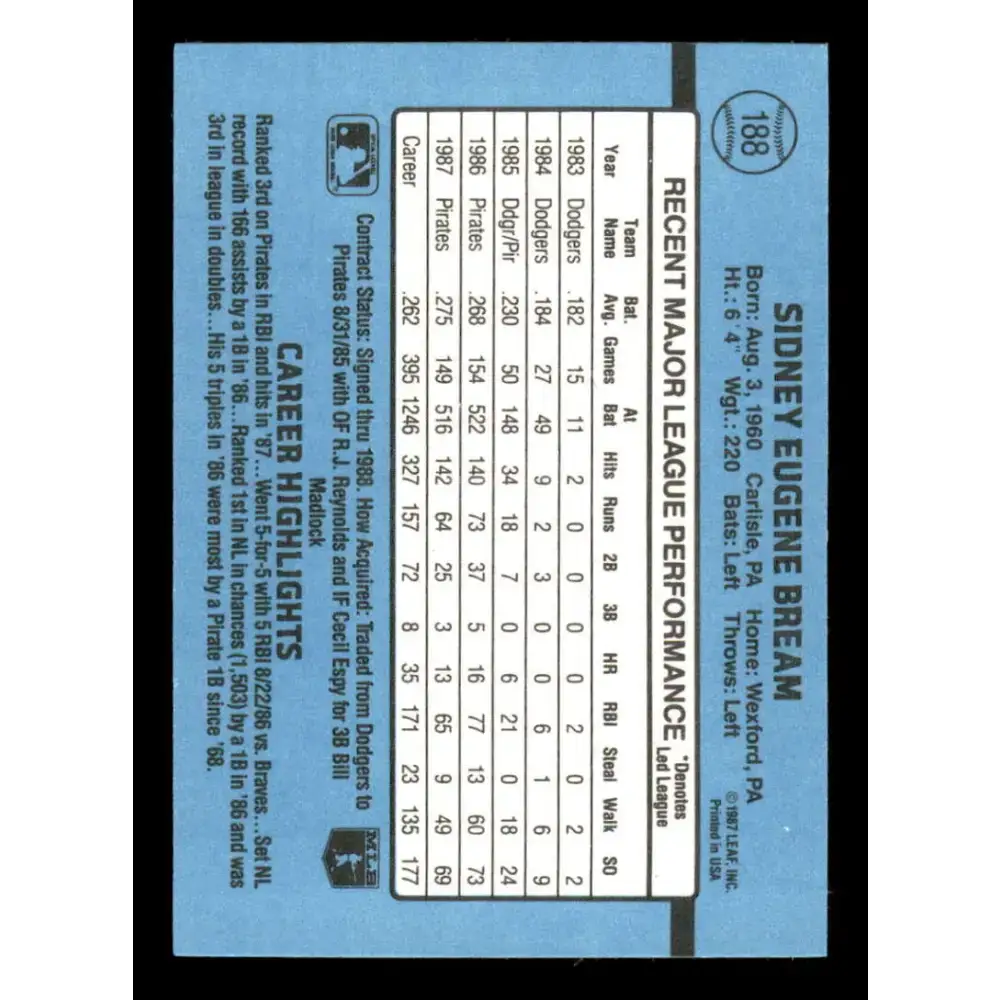 1988 Donruss #188 Sid Bream EX Pittsburgh Pirates Baseball Card - Baseball Card Single