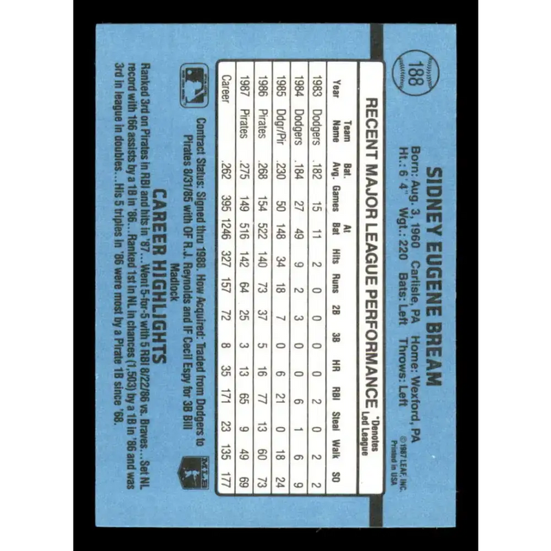 1988 Donruss #188 Sid Bream EX Pittsburgh Pirates Baseball Card - Baseball Card Single