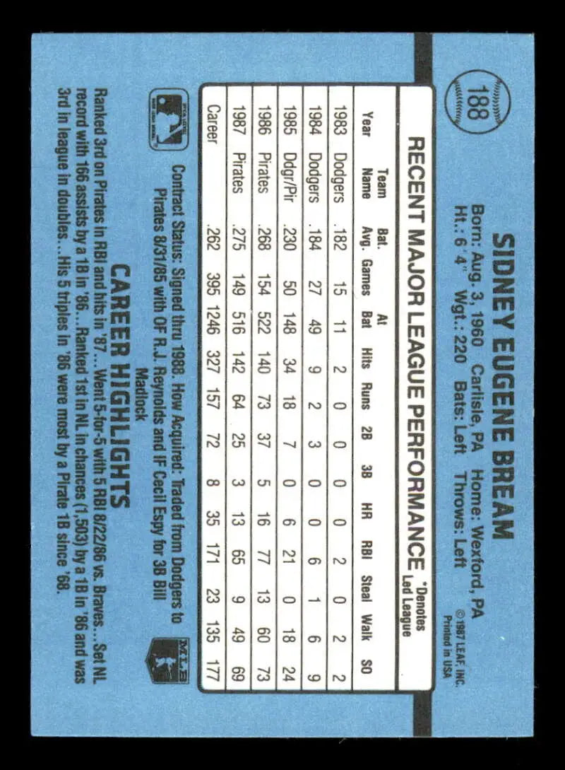 1988 Donruss #188 Sid Bream NM-MT Pittsburgh Pirates Baseball Card - Baseball Card Single