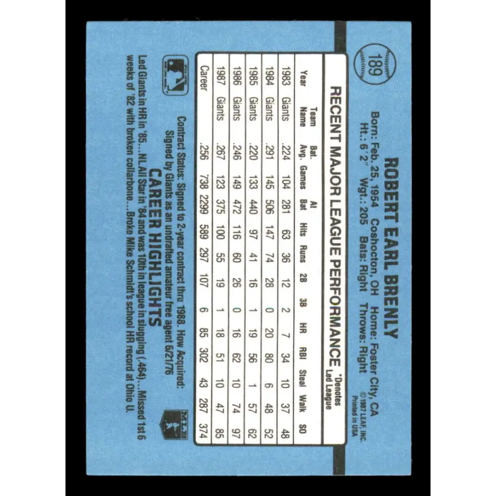 1988 Donruss #189 Bob Brenly EX San Francisco Giants Baseball Card Image 2