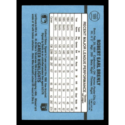 1988 Donruss #189 Bob Brenly EX San Francisco Giants Baseball Card Image 2