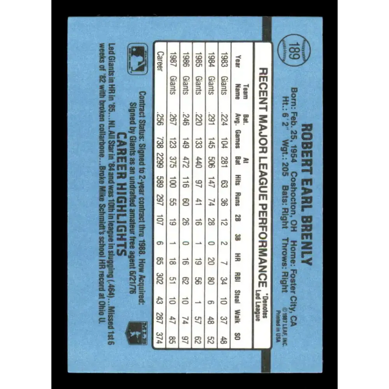 1988 Donruss #189 Bob Brenly EX San Francisco Giants Baseball Card - Baseball Card Single