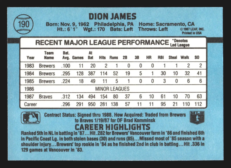 1988 Donruss #190 Dion James Atlanta Braves