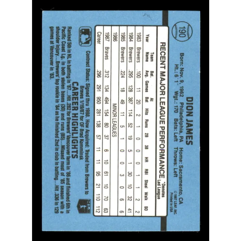 1988 Donruss #190 Dion James EX Atlanta Braves Baseball Card Image 2