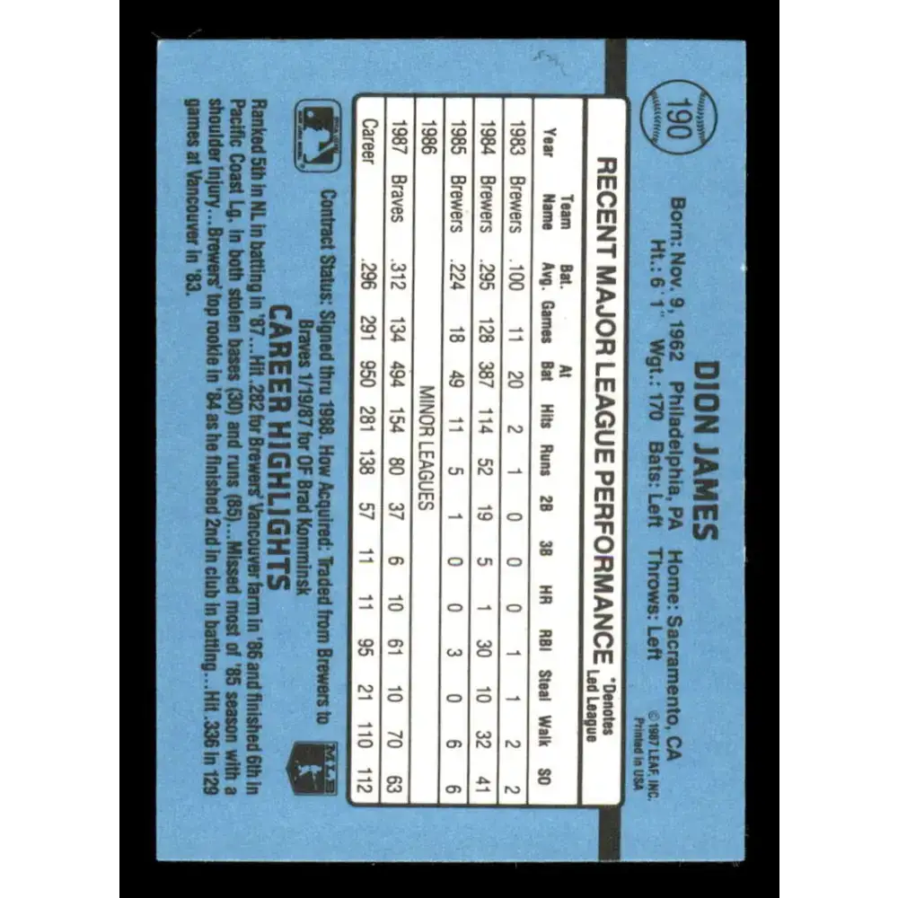 1988 Donruss #190 Dion James EX Atlanta Braves Baseball Card - Baseball Card Single