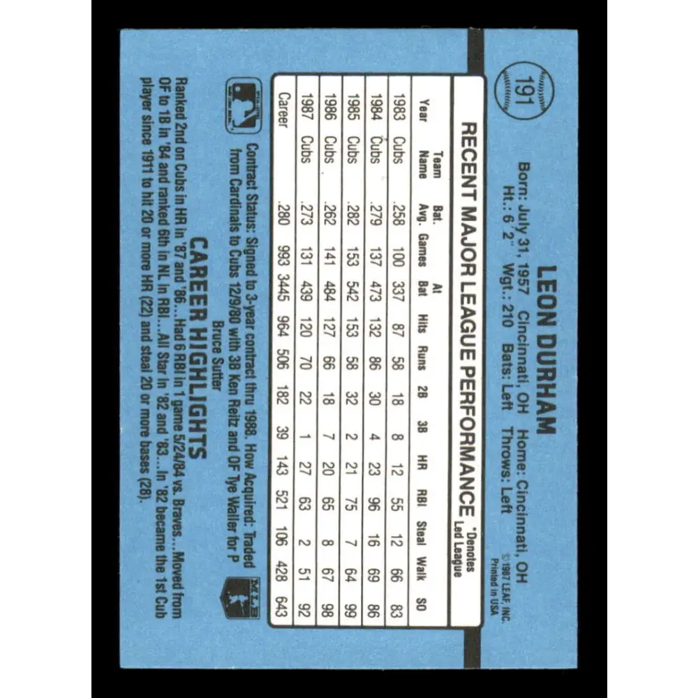 1988 Donruss #191 Leon Durham EX Chicago Cubs Baseball Card Image 2