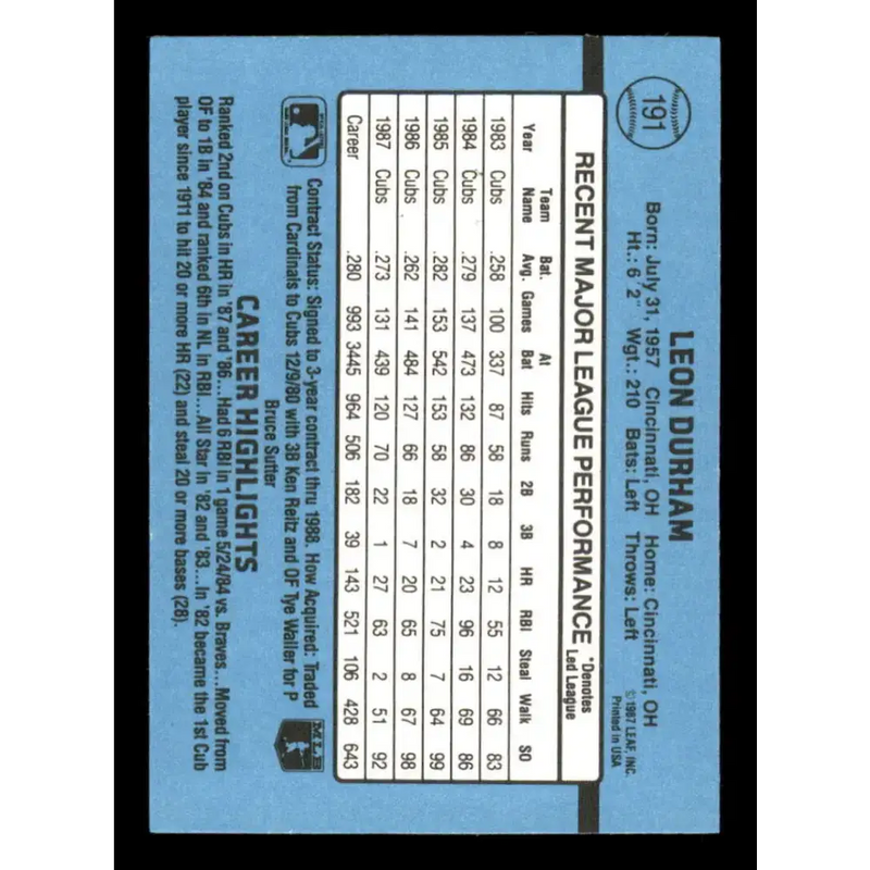1988 Donruss #191 Leon Durham EX Chicago Cubs Baseball Card - Baseball Card Single