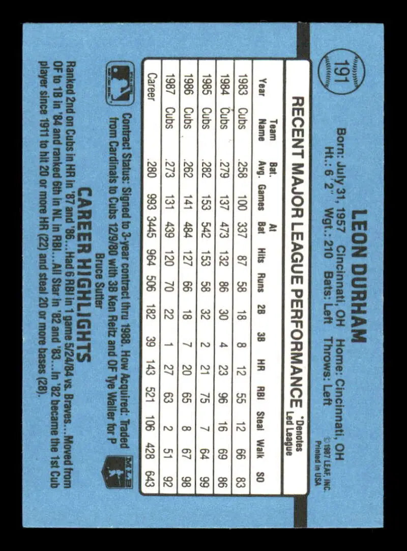 1988 Donruss #191 Leon Durham NM-MT Chicago Cubs Baseball Card - Baseball Card Single