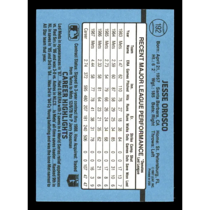 1988 Donruss #192 Jesse Orosco EX New York Mets Baseball Card Image 2
