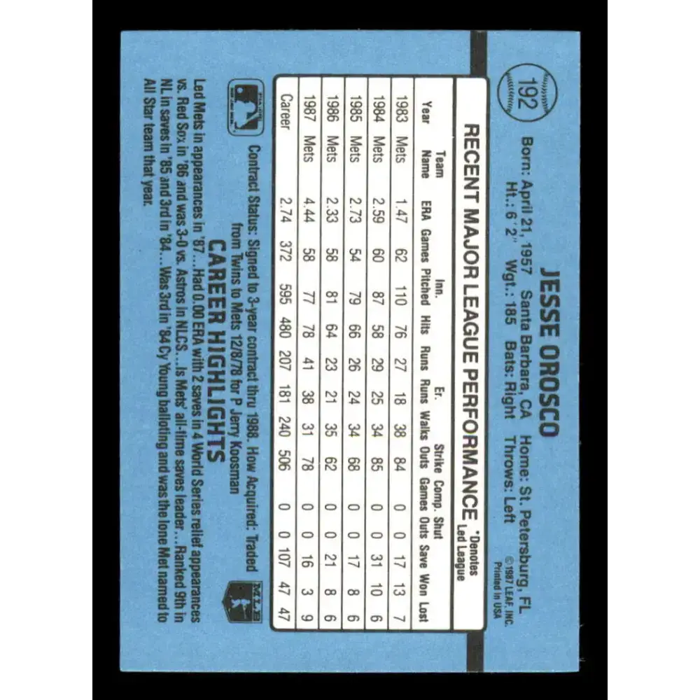 1988 Donruss #192 Jesse Orosco EX New York Mets Baseball Card - Baseball Card Single