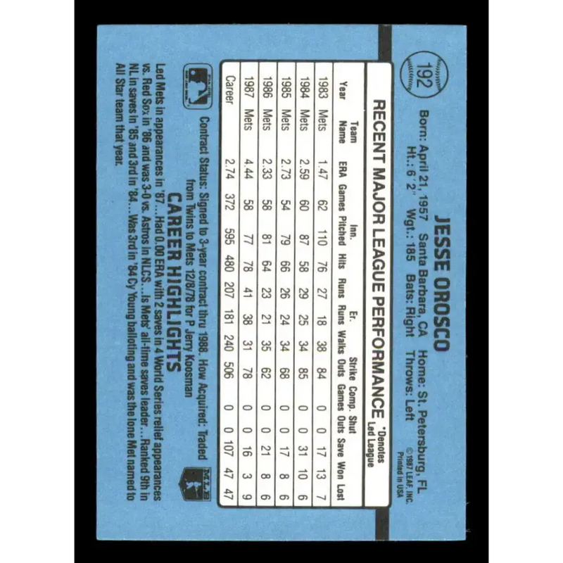1988 Donruss #192 Jesse Orosco EX New York Mets Baseball Card - Baseball Card Single