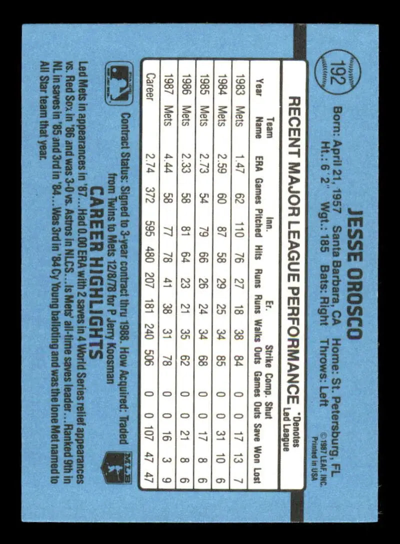 1988 Donruss #192 Jesse Orosco NM-MT New York Mets Baseball Card - Baseball Card Single