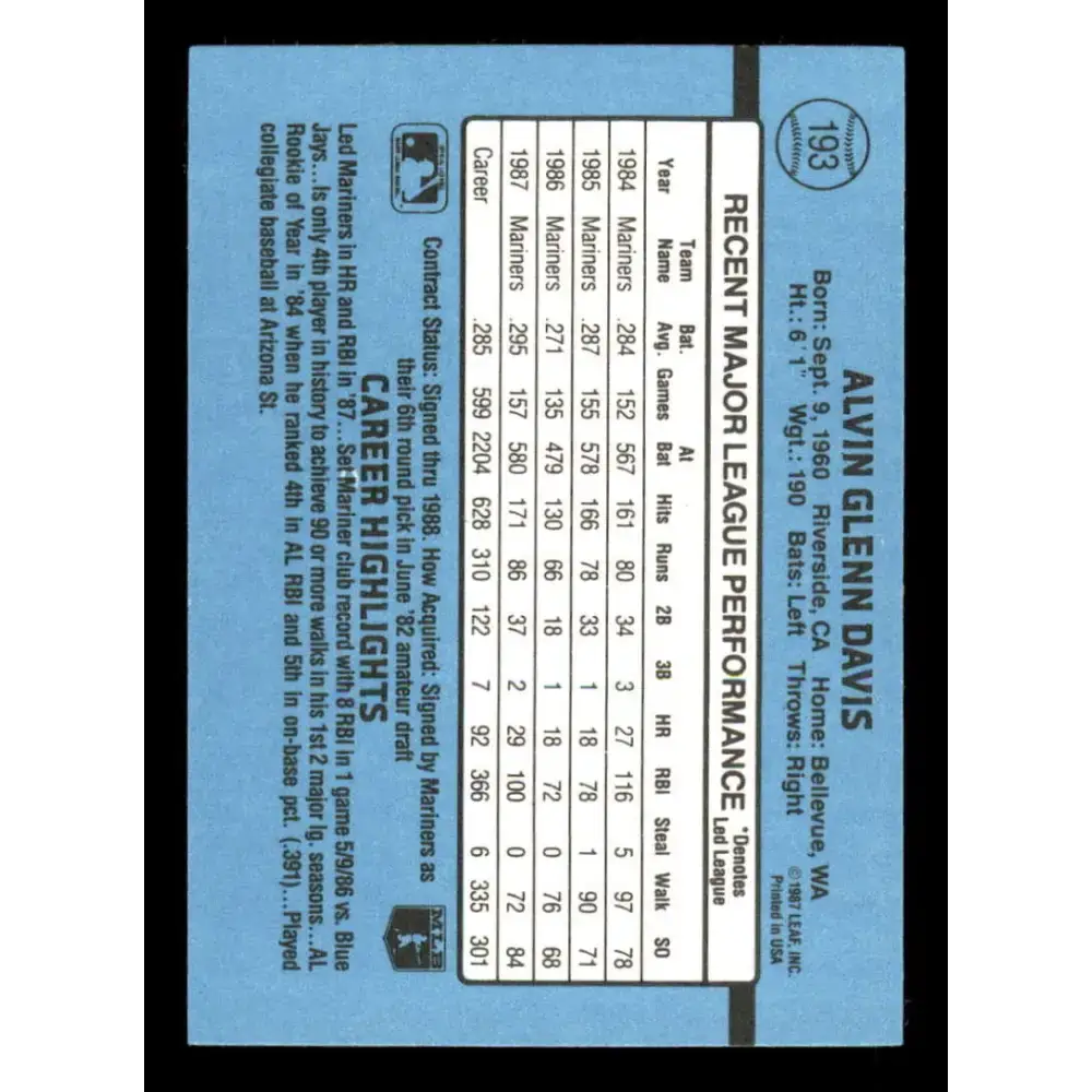 1988 Donruss #193 Alvin Davis EX Seattle Mariners Baseball Card - Baseball Card Single