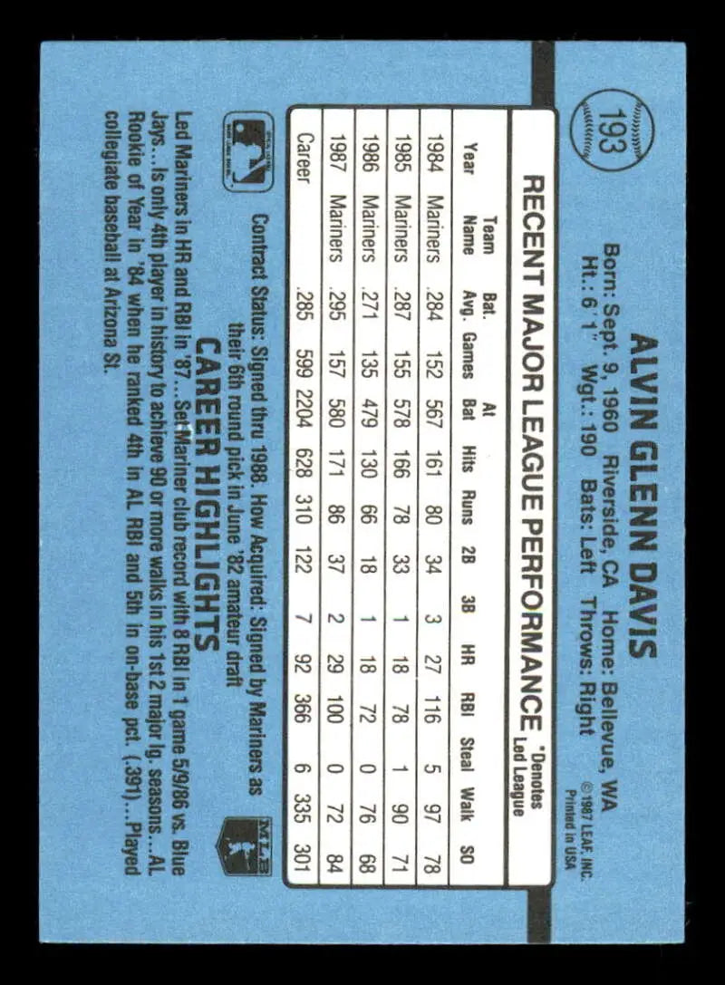1988 Donruss #193 Alvin Davis NM-MT Seattle Mariners Baseball Card - Baseball Card Single