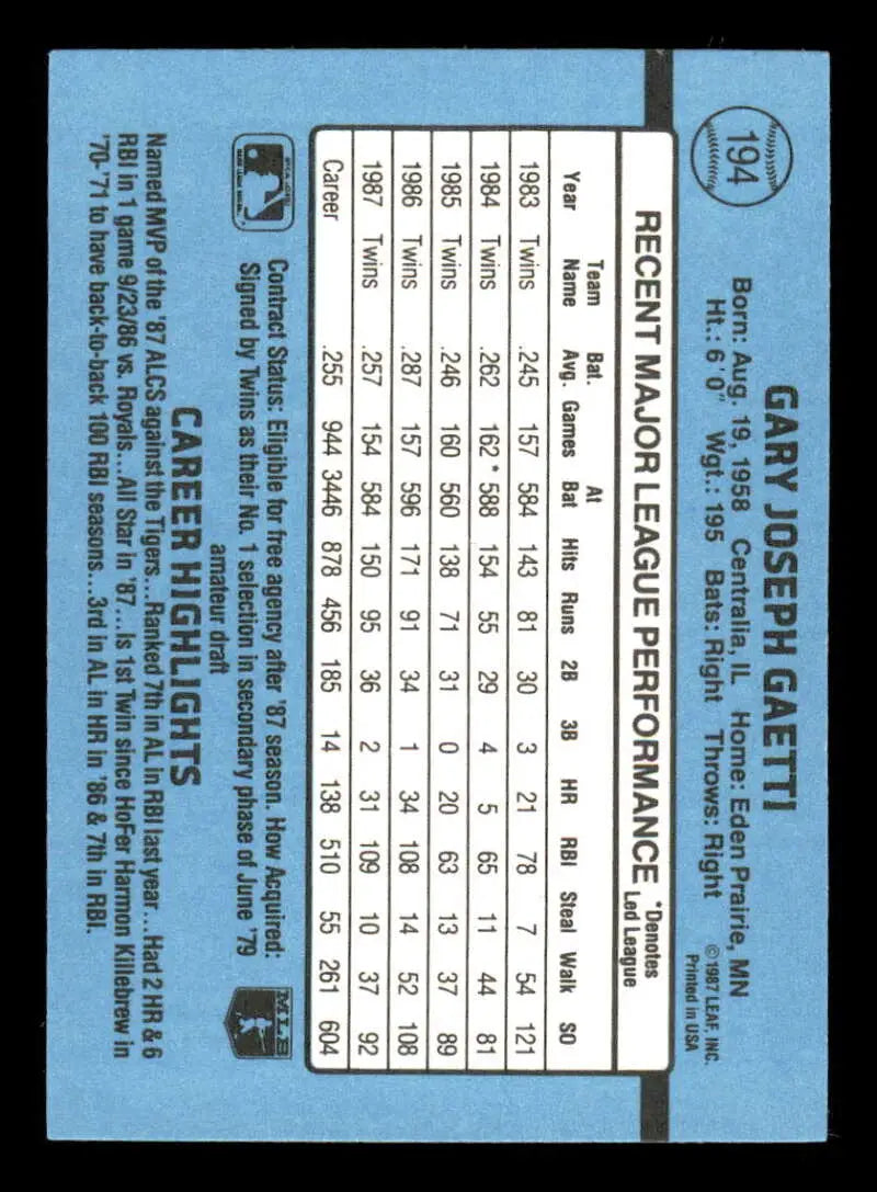 1988 Donruss #194 Gary Gaetti NM-MT Minnesota Twins Baseball Card - Baseball Card Single