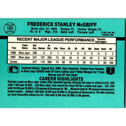 1988 Donruss #195 Fred McGriff EX Toronto Blue Jays Baseball Card