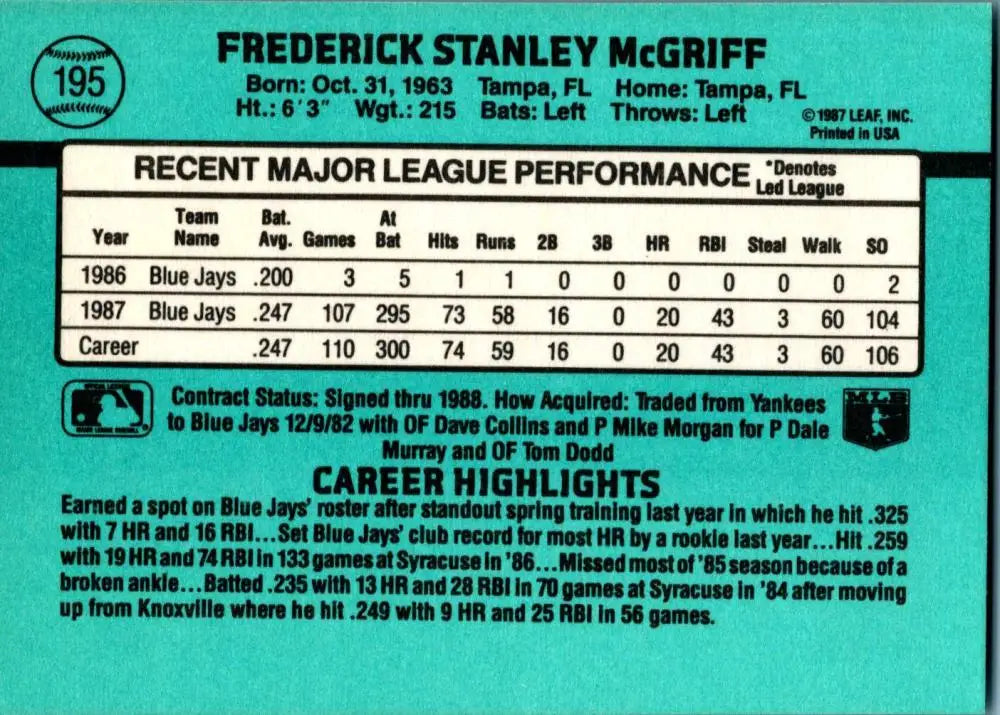 1988 Donruss #195 Fred McGriff NM-MT Toronto Blue Jays Baseball Card - Baseball Card Single