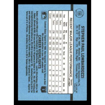 1988 Donruss #196 Steve Lombardozzi EX Minnesota Twins Baseball Card Image 2
