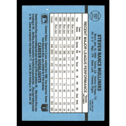 1988 Donruss #197 Rance Mulliniks EX Toronto Blue Jays Baseball Card Image 2