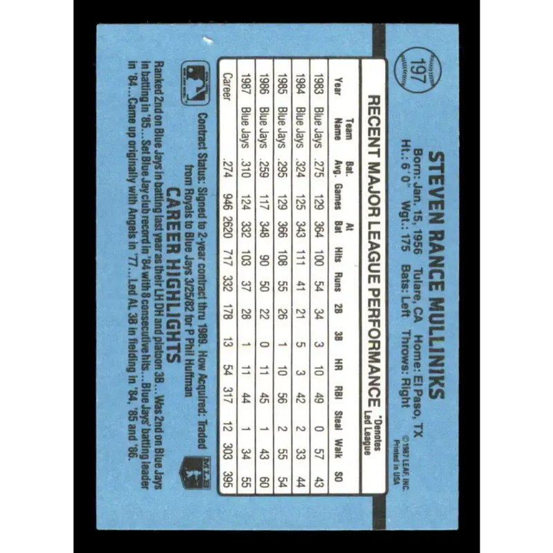 1988 Donruss #197 Rance Mulliniks EX Toronto Blue Jays Baseball Card - Baseball Card Single