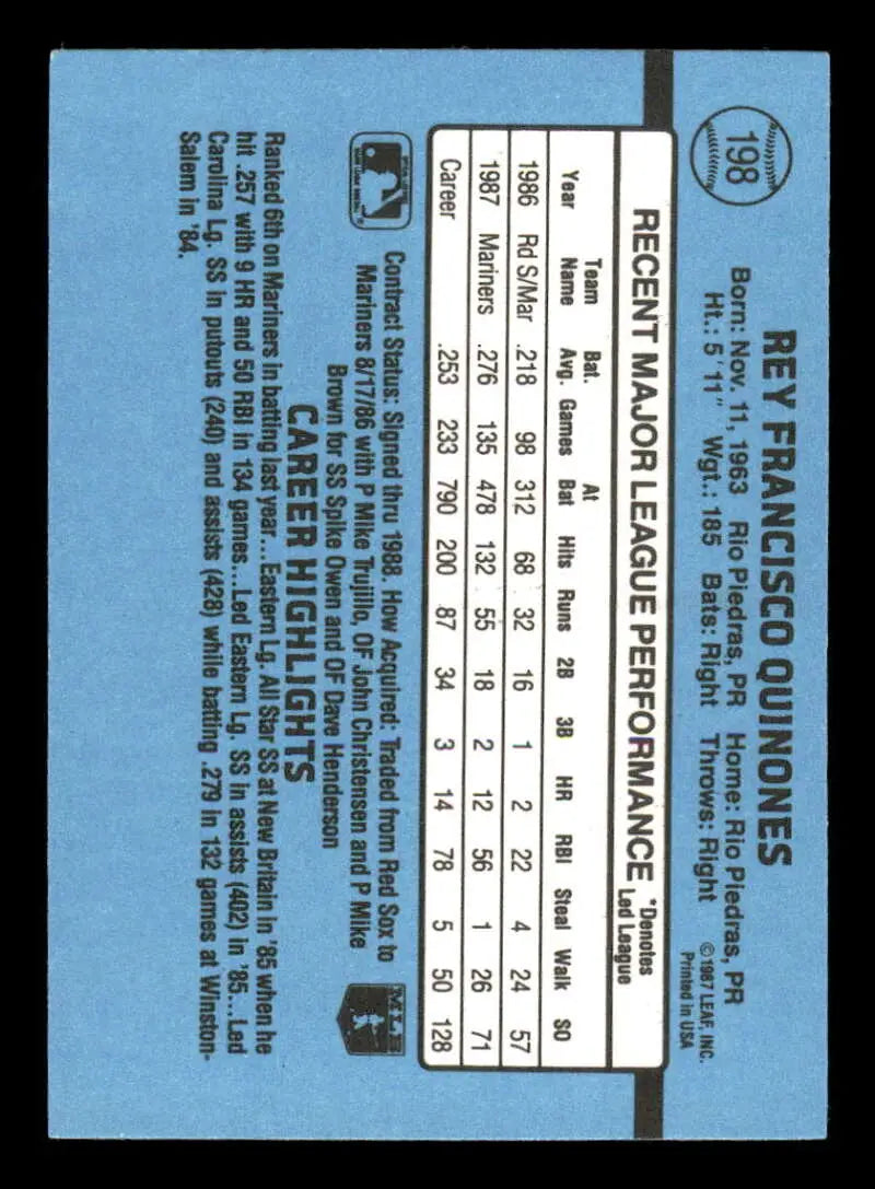 1988 Donruss #198 Rey Quinones NM-MT Seattle Mariners Baseball Card - Baseball Card Single