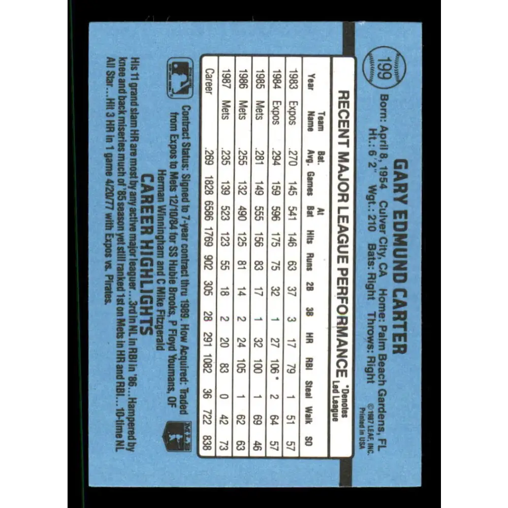 1988 Donruss #199 Gary Carter EX New York Mets Baseball Card Image 2
