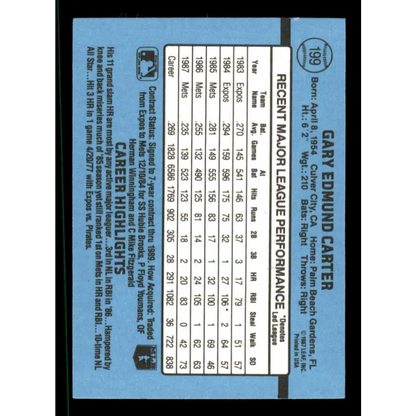 1988 Donruss #199 Gary Carter EX New York Mets Baseball Card Image 2