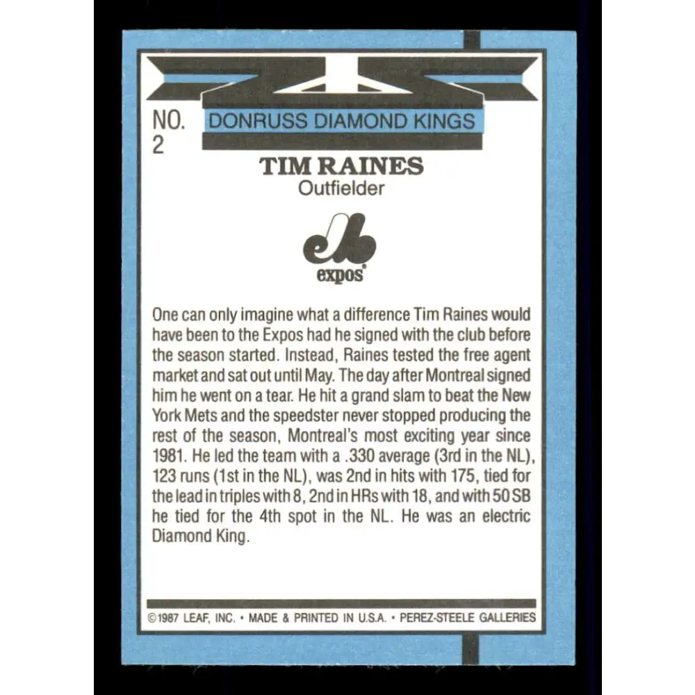 1988 Donruss #2 Tim Raines DK EX Montreal Expos Baseball Card Image 2