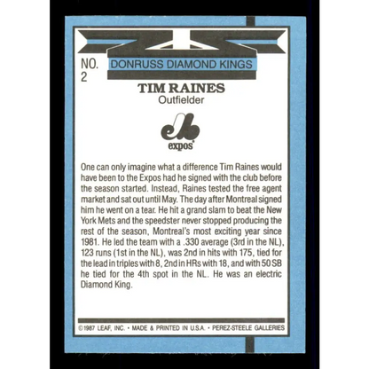 1988 Donruss #2 Tim Raines DK EX Montreal Expos Baseball Card Image 2