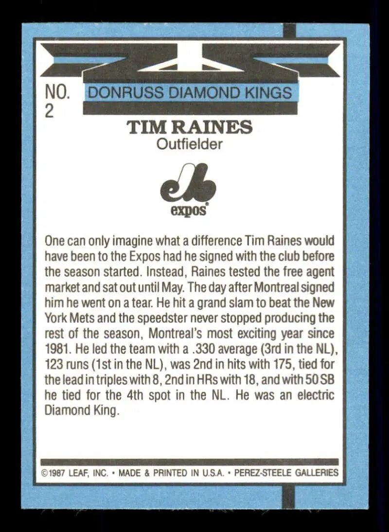 1988 Donruss #2 Tim Raines NM-MT Montreal Expos Baseball Card - Baseball Card Single