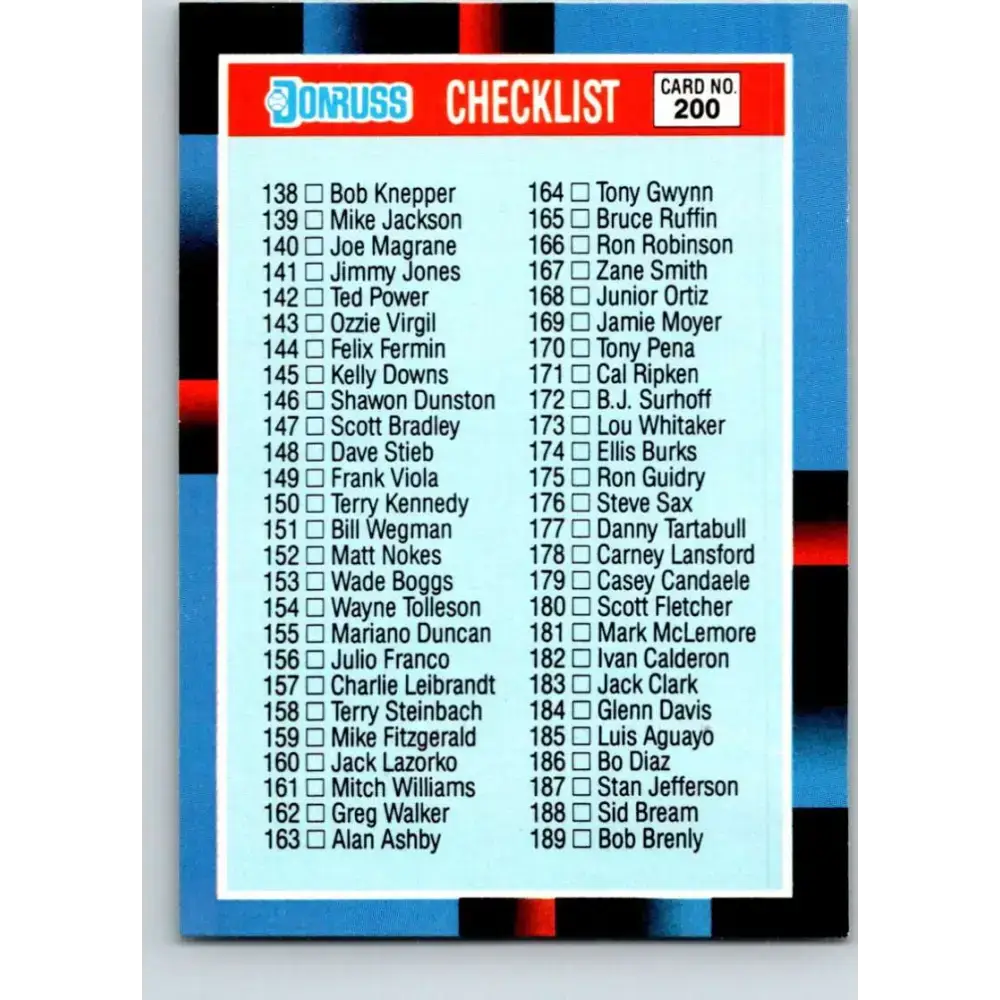 1988 Donruss #200a Checklist 138-247 EX Baseball Card - Baseball Card Single