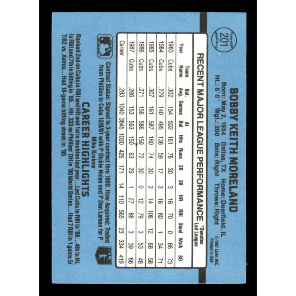 1988 Donruss #201 Keith Moreland EX Chicago Cubs Baseball Card - Baseball Card Single