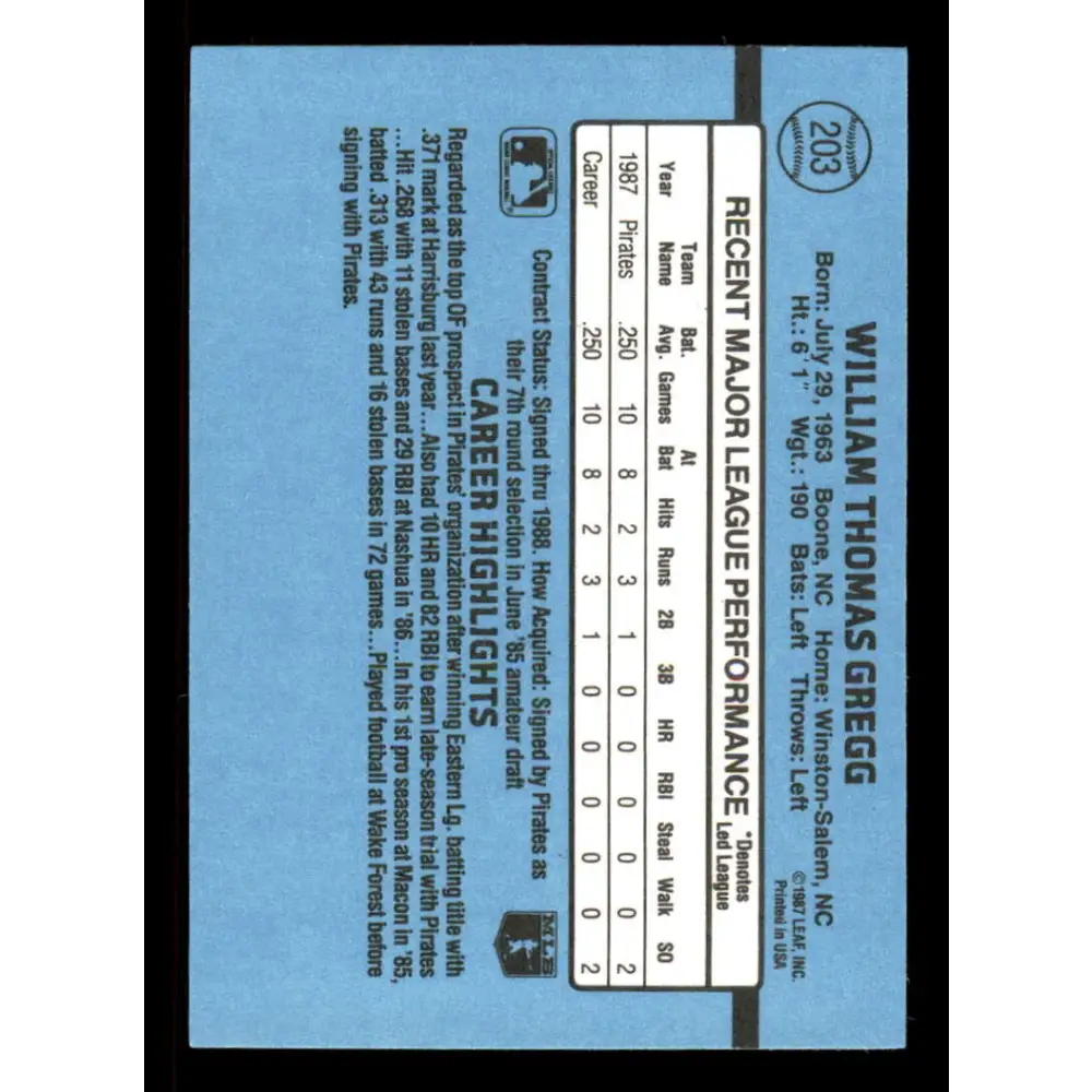 1988 Donruss #203 Tommy Gregg EX Pittsburgh Pirates Baseball Card Image 2